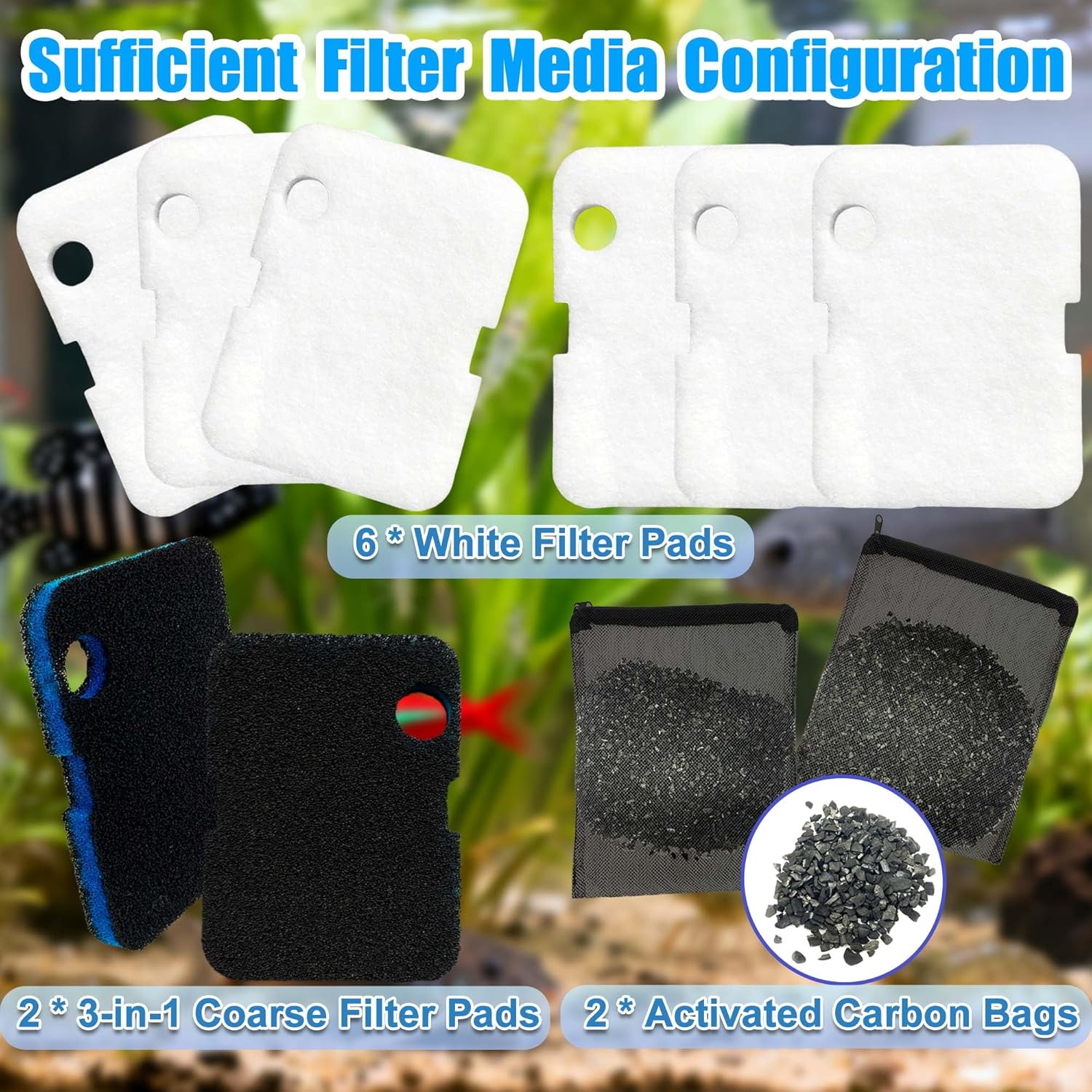 10Pcs Replacement Filter Kit for Cascade 700/1000 CCF2UL/CCF3UL Aquarium Floss Media, 2 Upgraded Carbon-Coarse-Activated Carbon Filter Pads, 6 White Floss, 2 Activated Carbon Bags