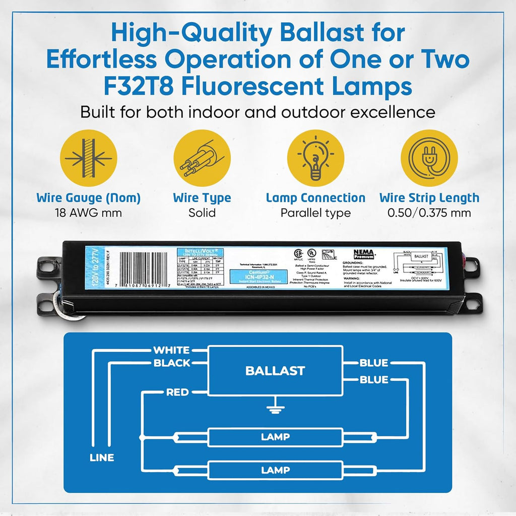 ICN4P32N, 120-277V, 50-60Hz Input Frequency, Solid Wire Type, Instant Start Centium Electronic Fluorescent Ballast for 4 F32T8 Lamp Type, Indoor/Outdoor Use with Automatic Restart Ballast Box, 10 Pack