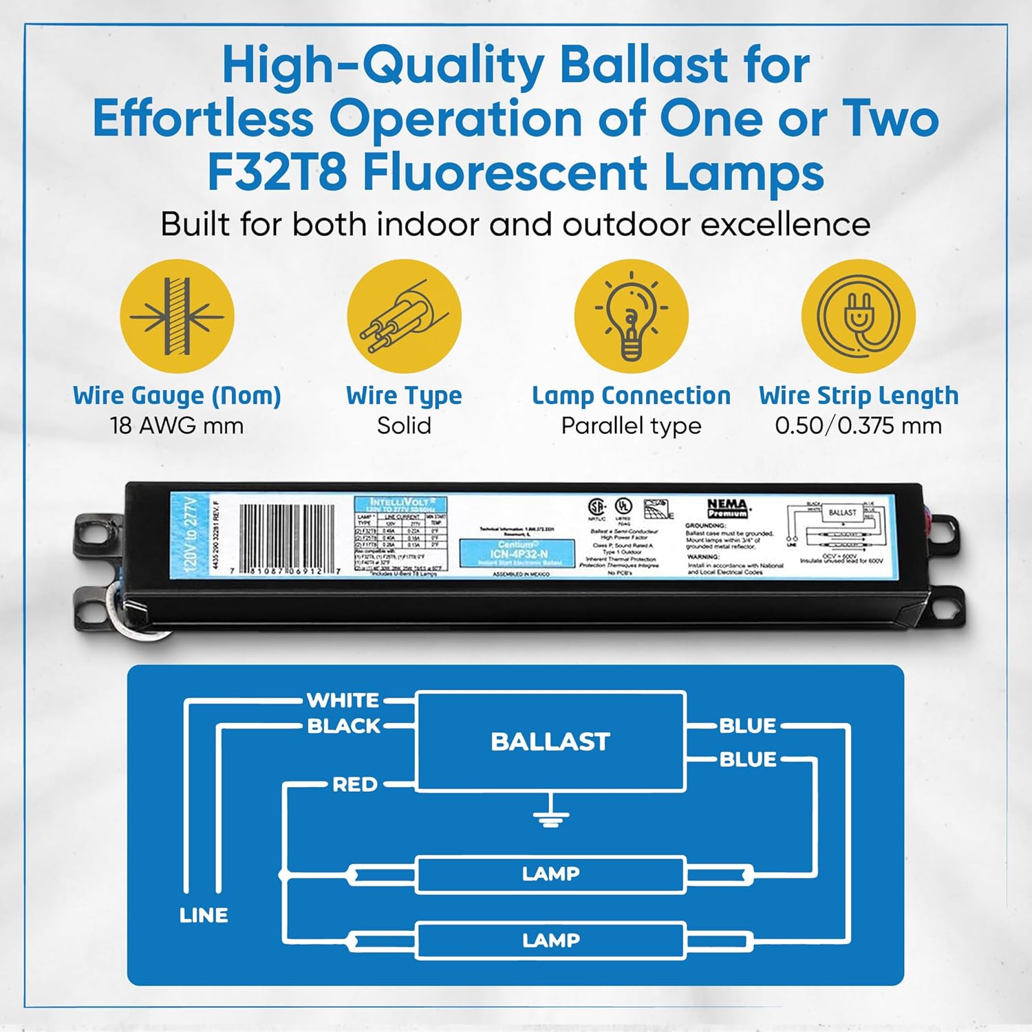ICN4P32N, 120-277V, 50-60Hz Input Frequency, Solid Wire Type, Instant Start Centium Electronic Fluorescent Ballast for 4 F32T8 Lamp Type, Indoor/Outdoor Use with Automatic Restart Ballast Box, 10 Pack
