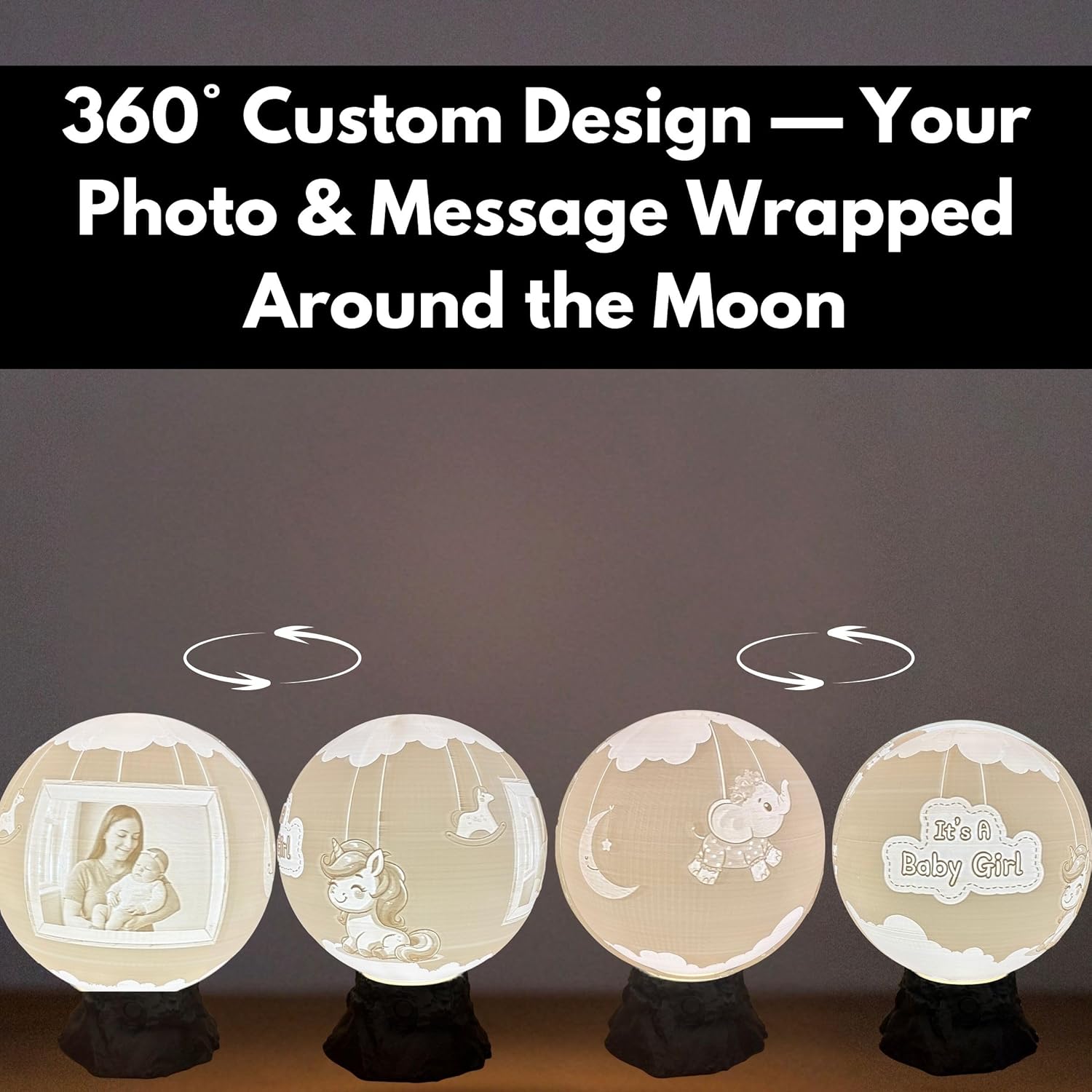 Baby Girl Moon Lamp – Personalized “It’s a Girl” Custom Moon Light with Text & Photo | Newborn Nursery Night Light | Custom Baby Shower, Birth Announcement Gift Keepsake, Baby Girl Decor