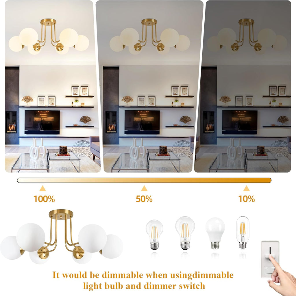 KoKo&Yukina 6-Light Mid Century Ceiling Light Modern Semi Flush Mount Ceiling Light Fixture Globe Ceiling Light with Milk Glass Shade Brushed Brass Finish for Bedroom Hallway Dining Room Living Room