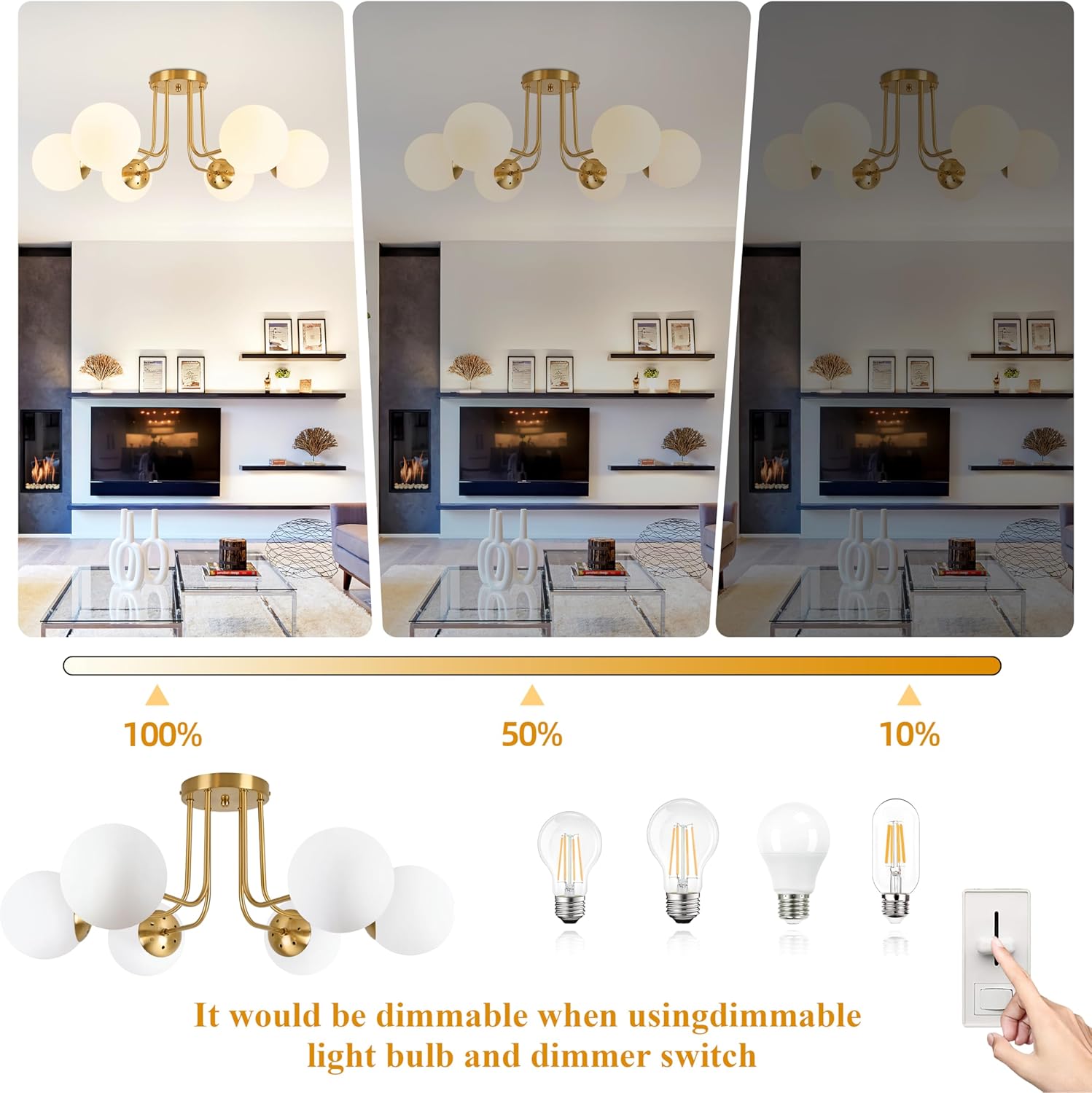 KoKo&Yukina 6-Light Mid Century Ceiling Light Modern Semi Flush Mount Ceiling Light Fixture Globe Ceiling Light with Milk Glass Shade Brushed Brass Finish for Bedroom Hallway Dining Room Living Room
