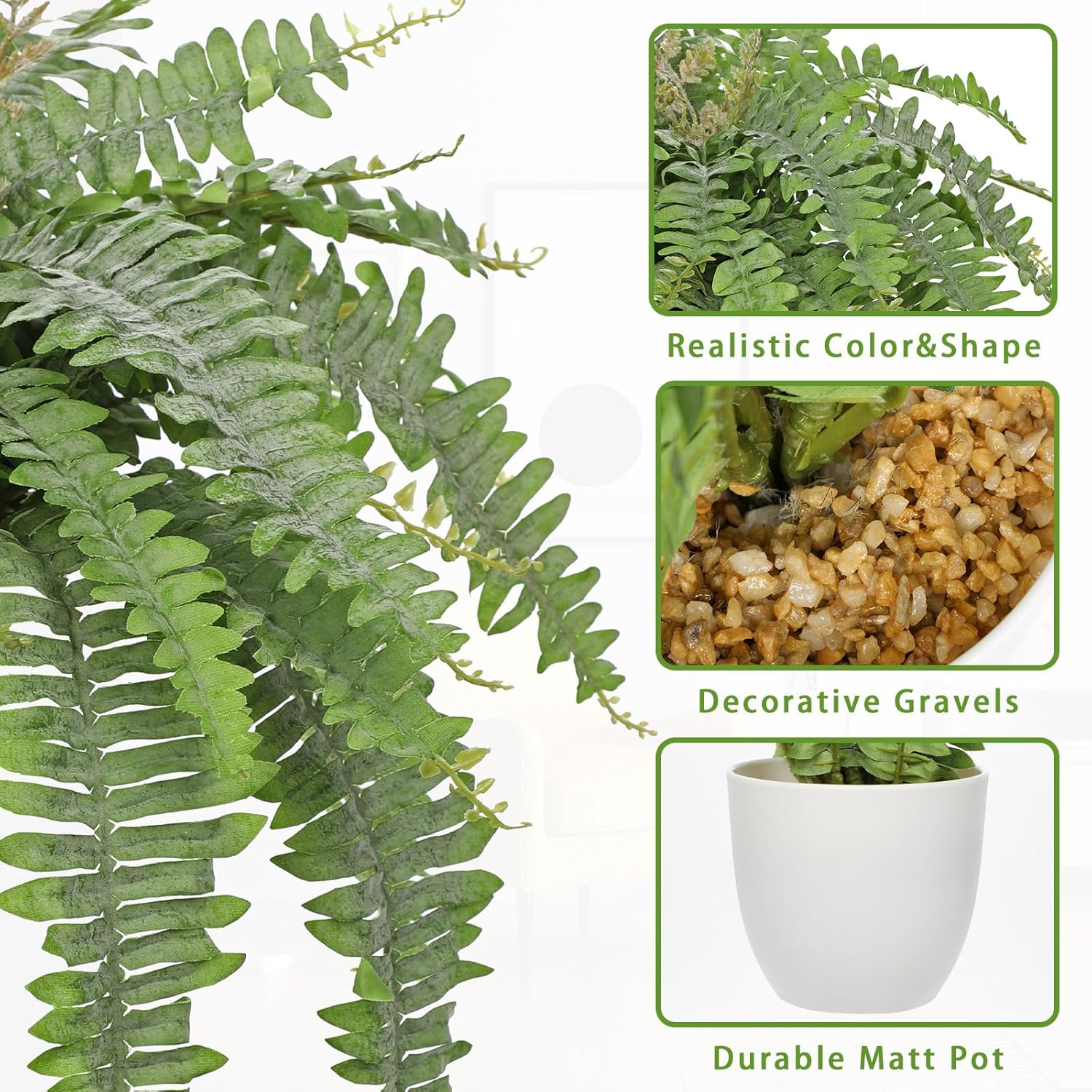 Hollyone Artificial Fern Plants in White Pot 25.5" Medium Artificial Boston Fern 31 Leaves for Outdoors & Indoor Faux Potted Plants Fake Ferns Bush Plant Patio Garden Farmhouse Porch Decor Dusty Green