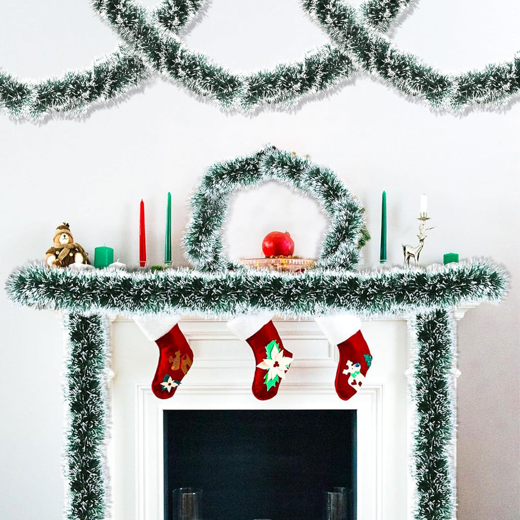 50 Feet Green White Christmas Tinsel Garland Christmas Decorations, Thick Metallic Twist Shiny Hanging Tinsel Garlands for Xmas Tree Decor Stairs Mantle Fireplace Home Indoor Holiday Party Supplies