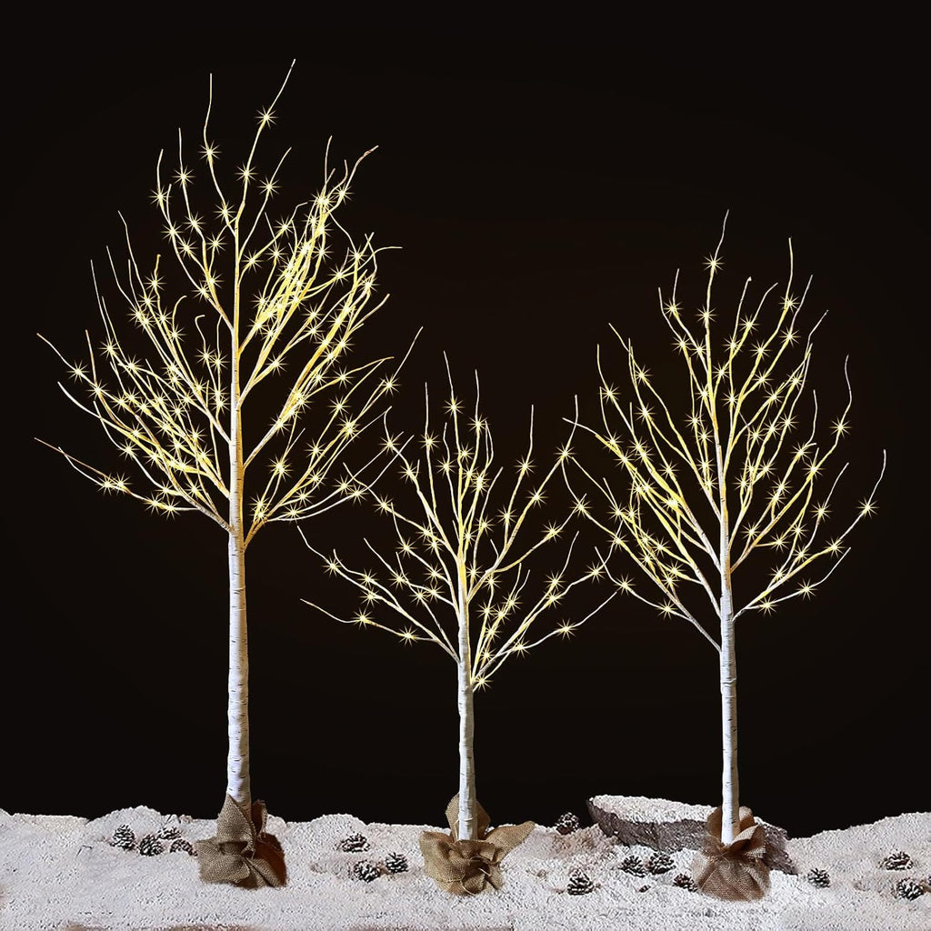 Outdoor Christmas Decoration Lighted Birch Tree, 3 Packs LED Prelit Light up Tree with Burlap Decor, Warm White, Power Supply by Adaptor, Xmas New Year Indoor&Outdoor Decor(4FT&5FT&6FT)