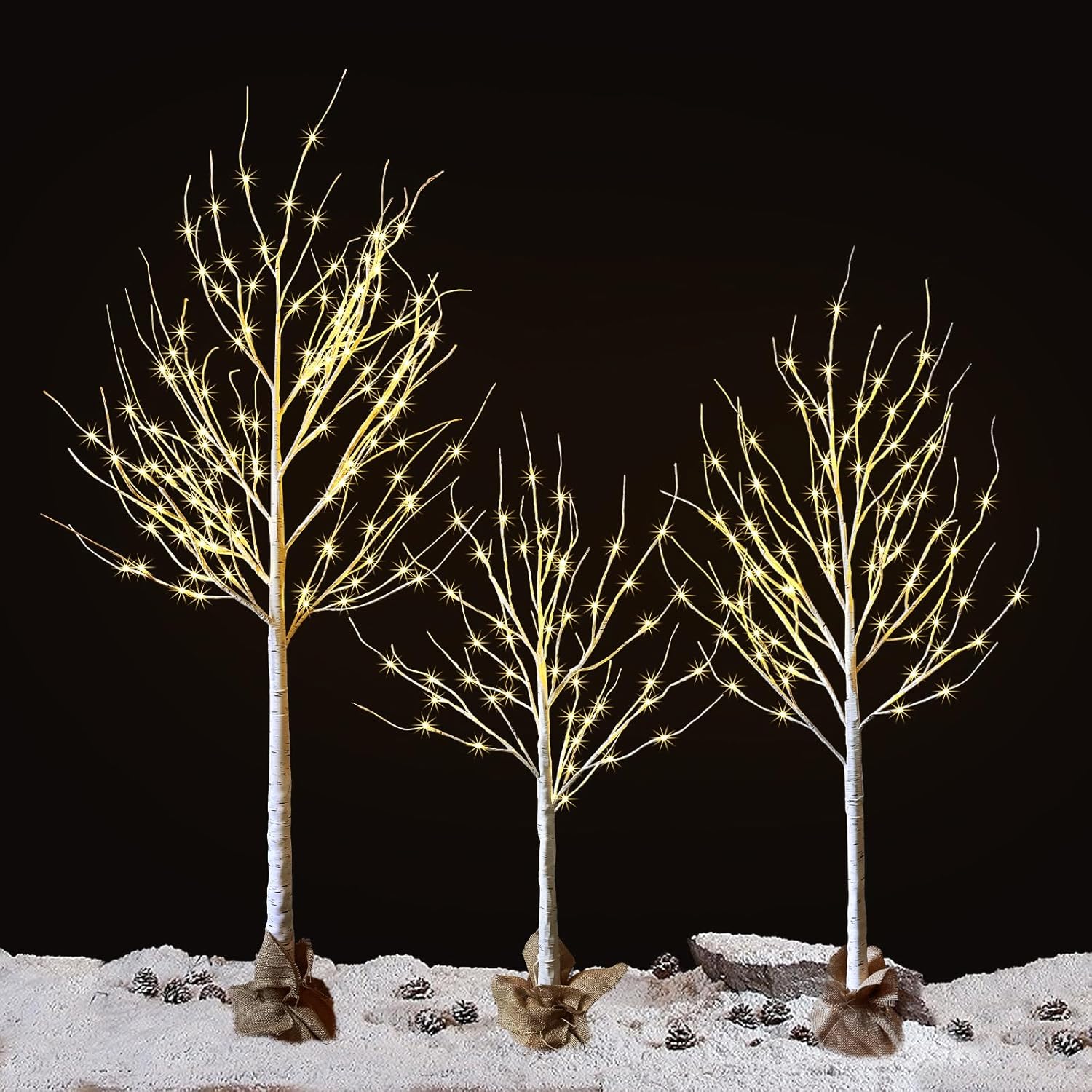 Outdoor Christmas Decoration Lighted Birch Tree, 3 Packs LED Prelit Light up Tree with Burlap Decor, Warm White, Power Supply by Adaptor, Xmas New Year Indoor&Outdoor Decor(4FT&5FT&6FT)