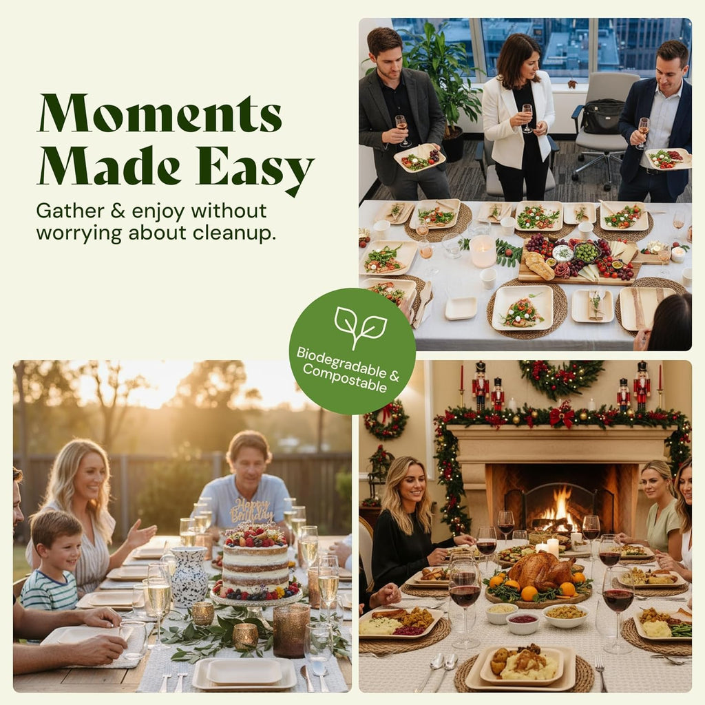 Chic Leaf Palm Leaf Plates Disposable Inch Square Pack Compostable Biodegradable & Eco Friendly Plates, Christmas Dinner Meal, Holiday Turkey - Microwave Safe Disposable (10'' - 25 Pack)