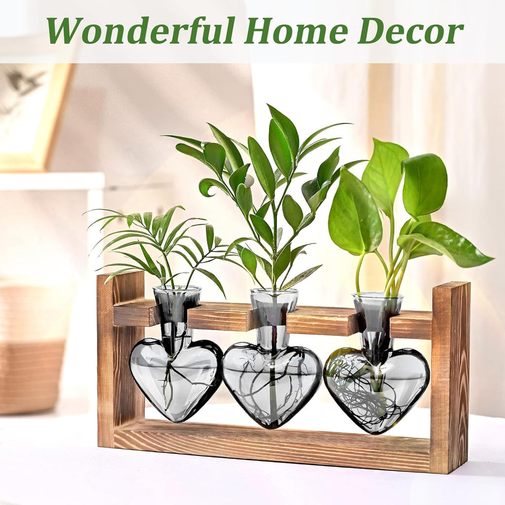 Lifecapido Heart Shaped Propagation Stations, Plant Terrarium with Wooden Stand, Plant Propagation Station for Hydroponics Plants Office Garden Home Decor, Gifts for Women Plant Lover (3 Vases, Gray)