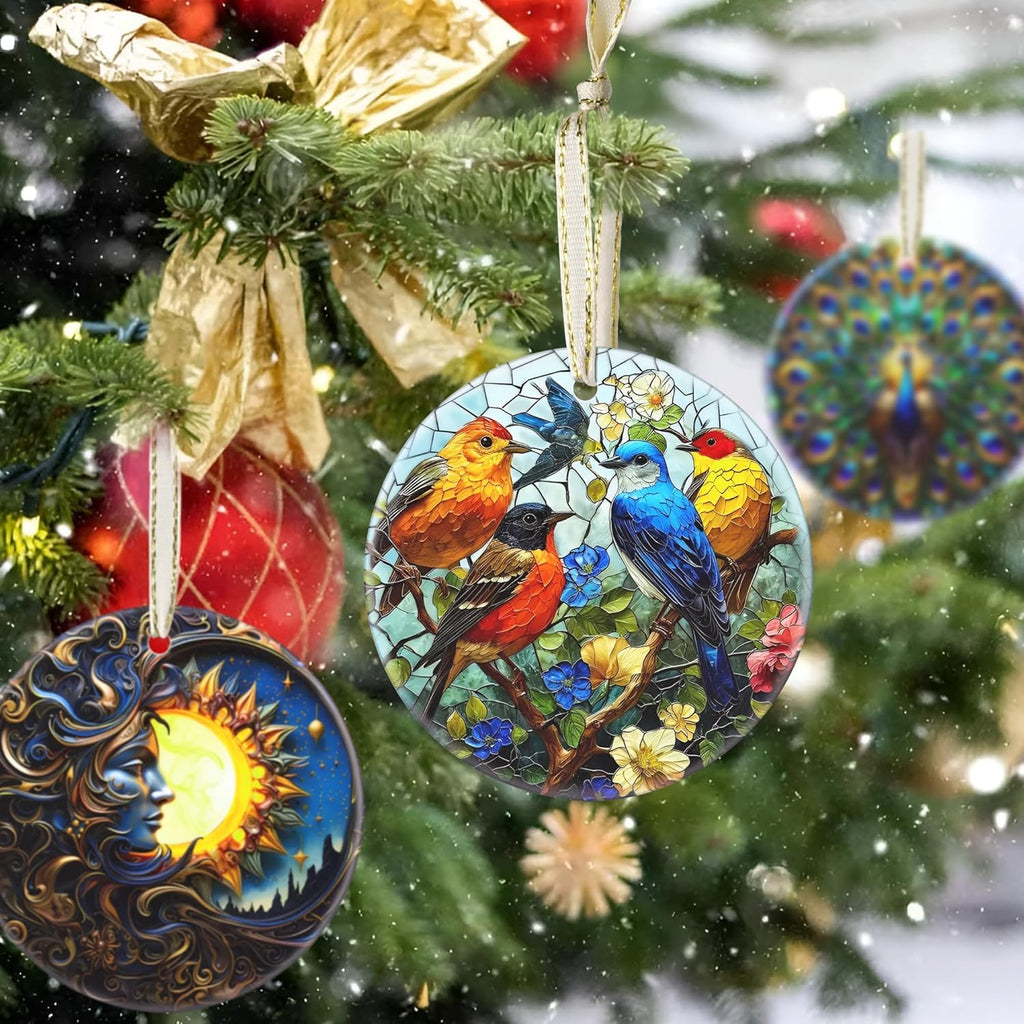 2025 Christmas Ornament, Christmas Tree Decoration, Round Ceramic Holiday Tree Decor - Birds on Branches. Gift Idea for Friends
