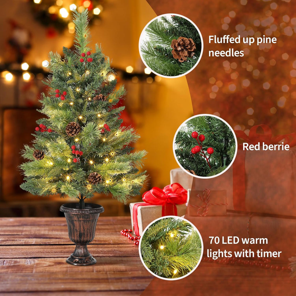 Garvee 3Ft Tabletop Christmas Tree, Small Christmas Tree, Artificial Mini Xmas Tree with Pine Cones & Red Berries for Home Office Holiday Decor