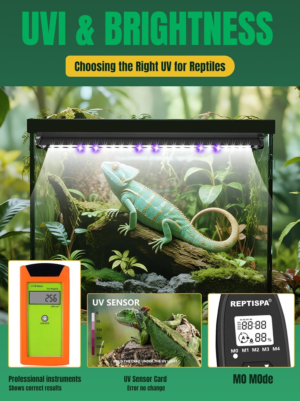 LED UVB Light for Reptiles, 8W 8-Inch Reptile LED Light for Bearded Dragon Lizard Gecko Snake Turtle, Aluminum UVA UVB Lamp Fixture Controller with Dimming and 4 UVI Modes