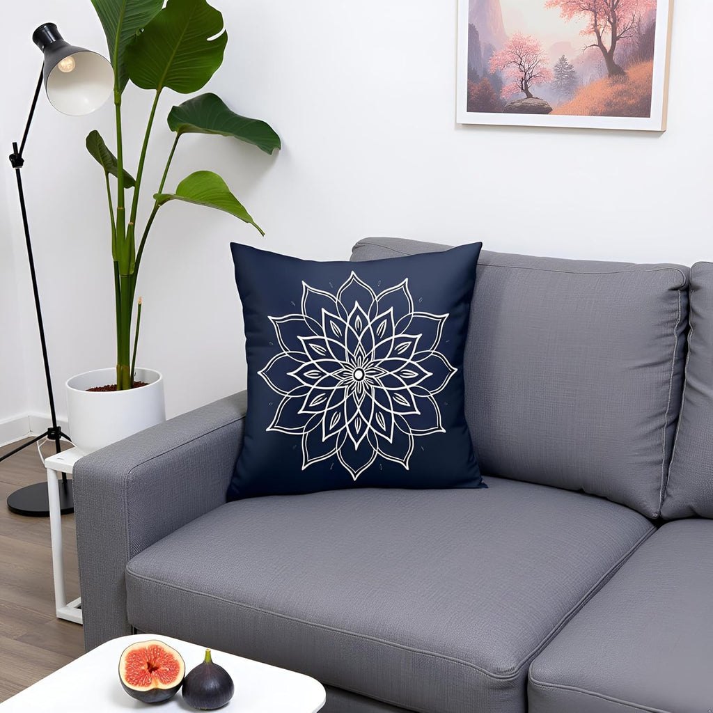 Mandala Navy Blue Throw Pillow Covers Set of 2 All-Season Soft Boho Lotus Flower Pillowcases with Hidden Zipper,Durable for Sofa Bed Car Decor & Gift Luxury 18x18Inch