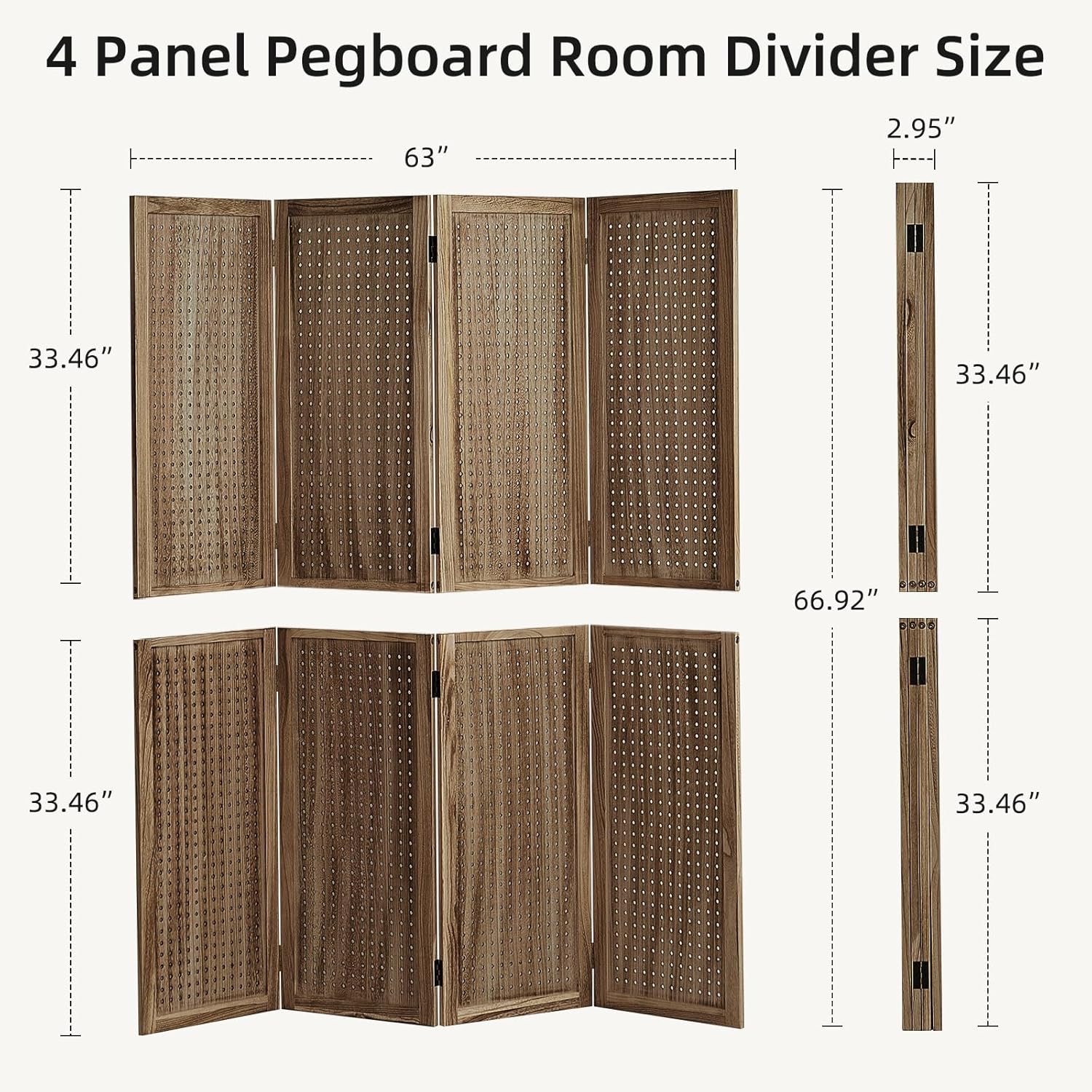 5.6Ft Wood PegBoard Room Divider 4 Panel Detachable Folding Privacy Screen Pegboard Display 33.5" 2in1 Standalone Portable Wall Divider Room Partition for Jewelry, Craft Show, Bedroom-Brown