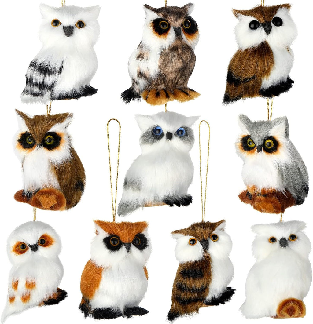 Skylety 10 Pieces Forest Animals Ornaments Woodland Animal Faux Fur Plush Hanging Ornaments Family Educational Playset for Fall, Christmas, Winter Birthday Party Supplies(Owls)