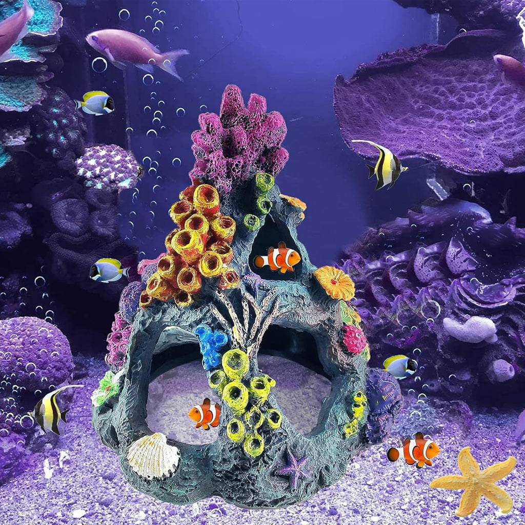 Fish Tank Decoration Set, Aquarium Decor Colorful Coral Mountain x 1pc, Betta Fish Tank Accessories Aquatic Plants x 4pcs，Aquarium Decor Starfish x 1pcs.