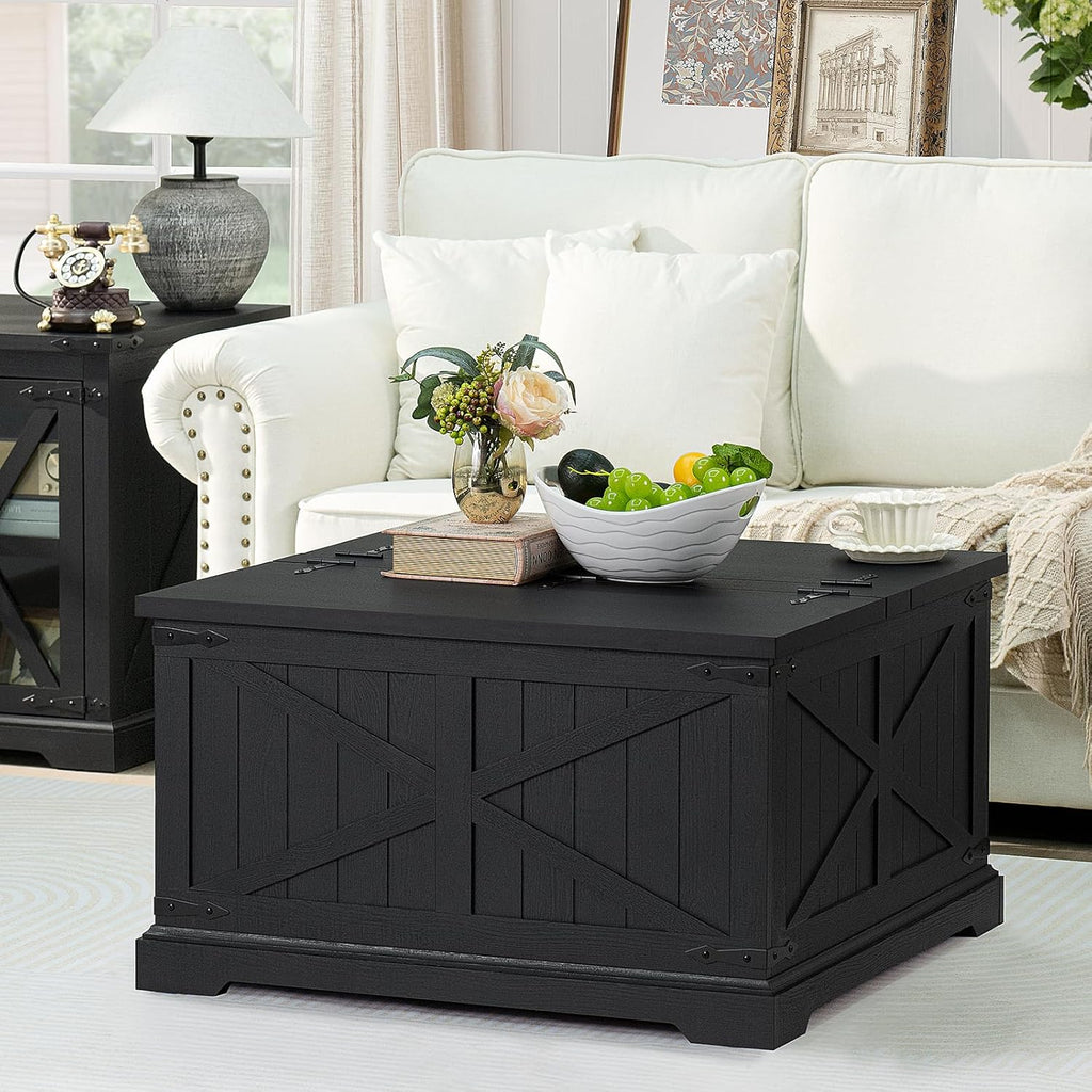 Farmhouse Coffee Table with Large Hidden Storage Compartment, Rustic Black Square Center Table, Wood Low Farm House Modern Living Room Tables with Hinged Lift Top & Wooden Arc Base