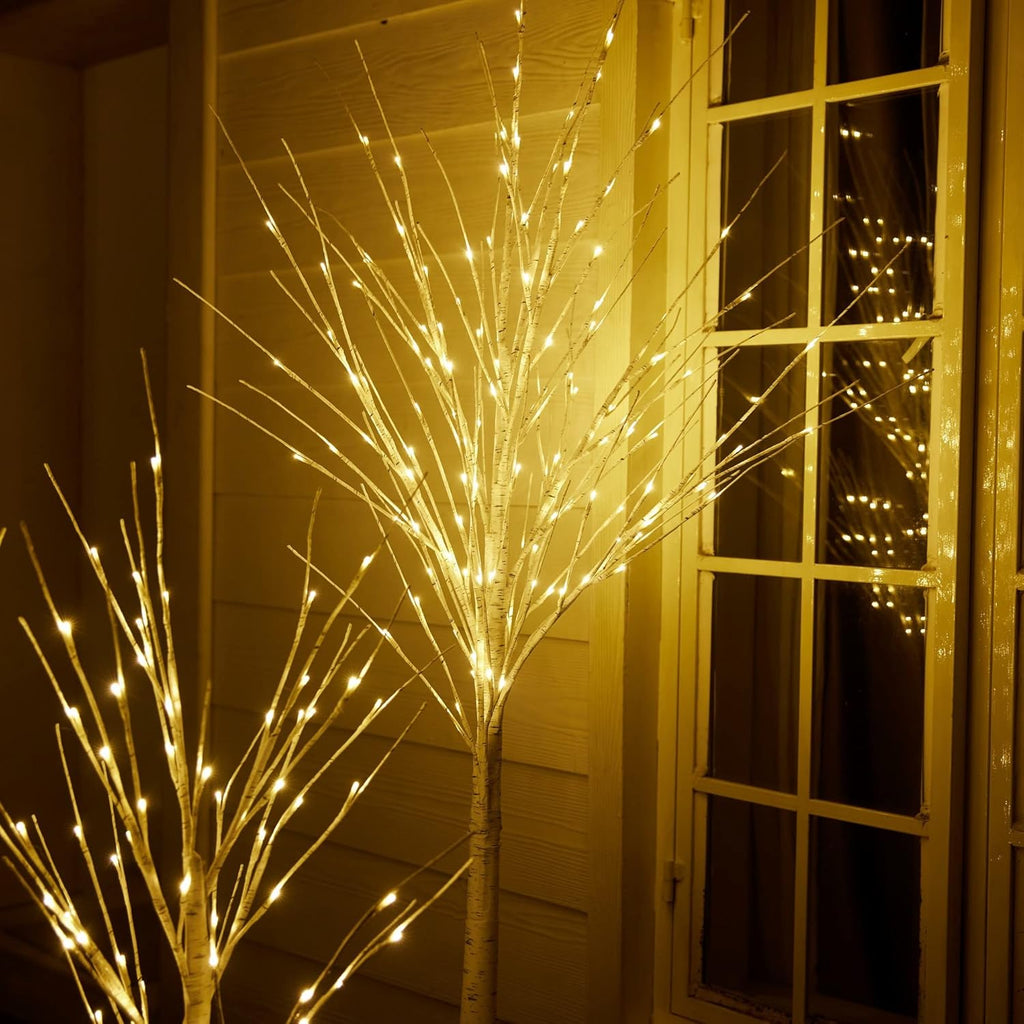 Outdoor Christmas Decoration Lighted Birch Tree, 3 Packs LED Prelit Light up Tree with Burlap Decor, Warm White, Power Supply by Adaptor, Xmas New Year Indoor&Outdoor Decor(4FT&5FT&6FT)