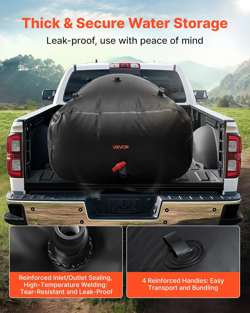 VEVOR Water Storage Bladder, 264 Gallon (1000L) Water Storage Container Tank, 1000D PVC Large Capacity Soft Bag Bladder, Collapsible Portable for Garden Irrigation, Camping, RV, Emergency Use - Black