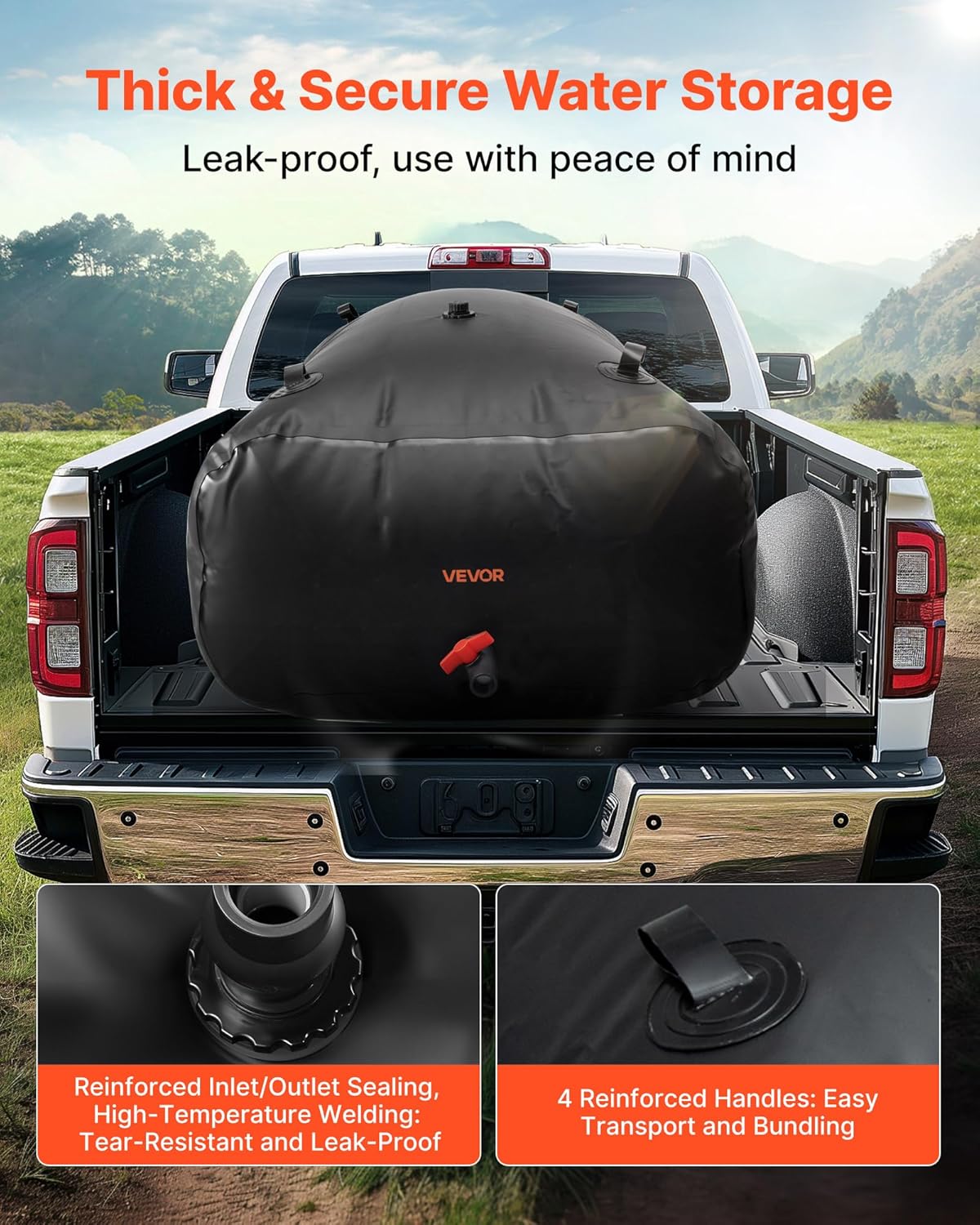 VEVOR Water Storage Bladder, 264 Gallon (1000L) Water Storage Container Tank, 1000D PVC Large Capacity Soft Bag Bladder, Collapsible Portable for Garden Irrigation, Camping, RV, Emergency Use - Black