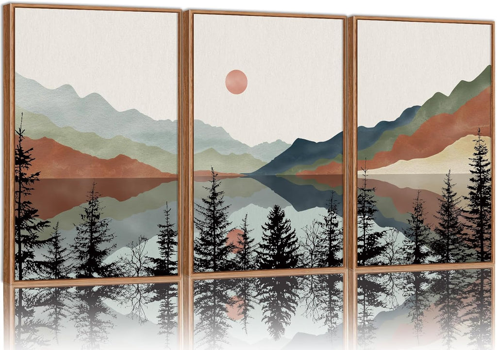 Tinonedraw Boho Mountain Framed Canvas Wall Art Set, Watercolor Nature Landscape Wall Decor, Black Pine Forest Artwork, Modern Sunrise Art Prints for Living Room, Bedroom, Office 16"x24"x3