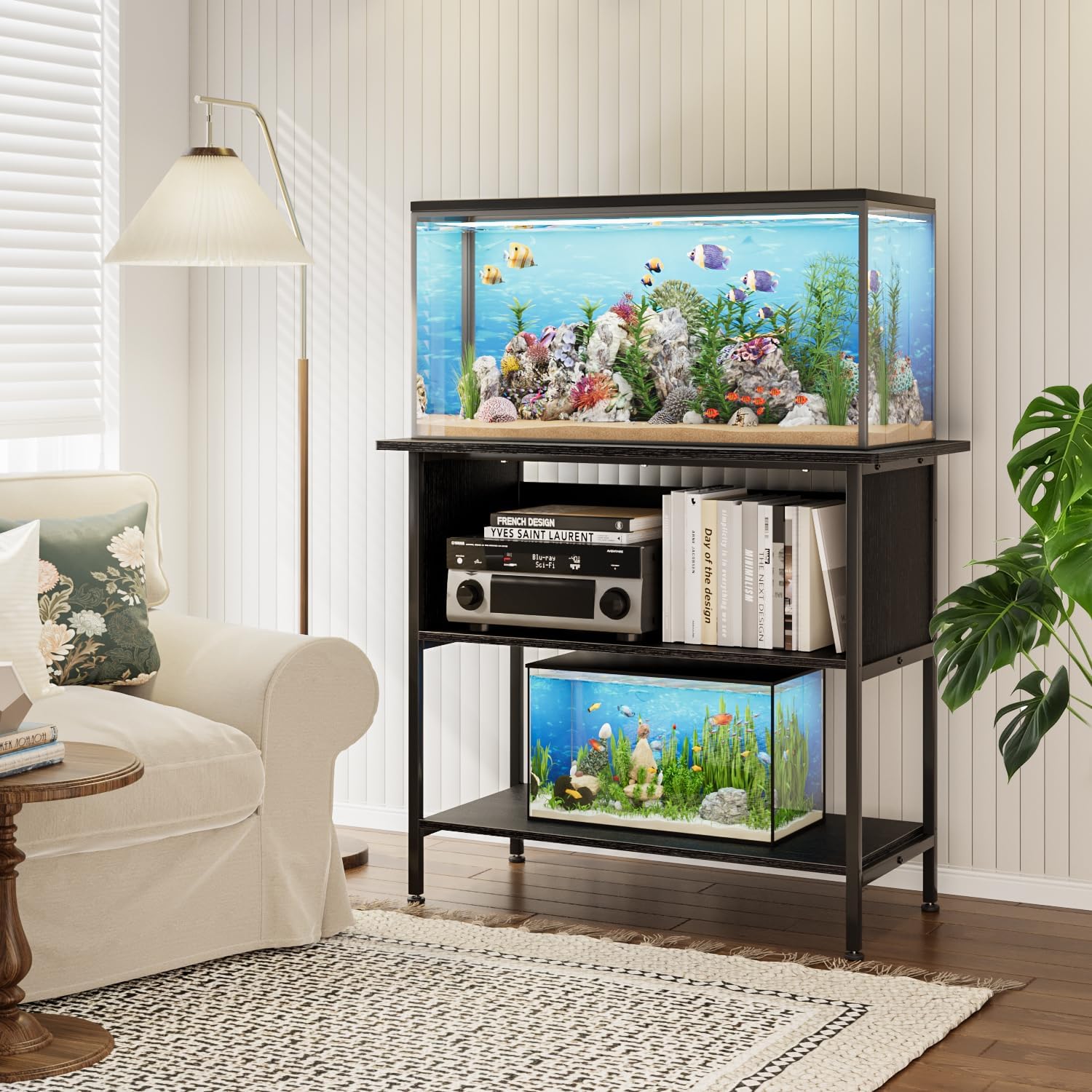 APPLOYN 40-50 Gallon Fish Tank Stand, Aquarium Stand with 3-Tier Storage Shelf, Heavy Duty Metal Frame for Turtle Reptile Terrarium Tank Stand, for Living Room, Office, 36.6" L x 18.9" W x 31.5" H, Black