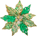 Hollyone 3PCS Poinsettia Christmas Flowers Artificial 11" Large Green and Gold Glitter Poinsettia Flowers Christmas Tree Ornament Floral Picks for Tree Wreath Garland Vase Table Centerpiece Home Decor