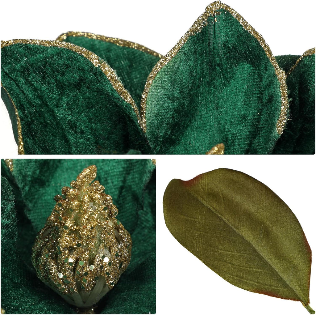 Briful Set of 3 Artificial Christmas Magnolias Flowers – 30’’ Long Stem Faux Magnolia Stems for Tree Ornaments, Holiday Centerpieces & Christmas Decor,Green