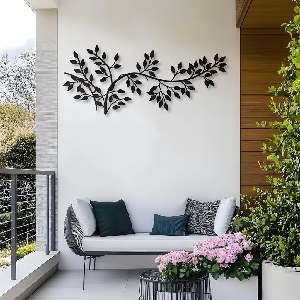 Elegant Metal Tree Wall Art Decor,Modern Branch Design with Ivy & Palm Leaf Accents,Black Metal Wall Sculpture for Living Room, Bedroom (26" x 12" | 66 x 30 cm)