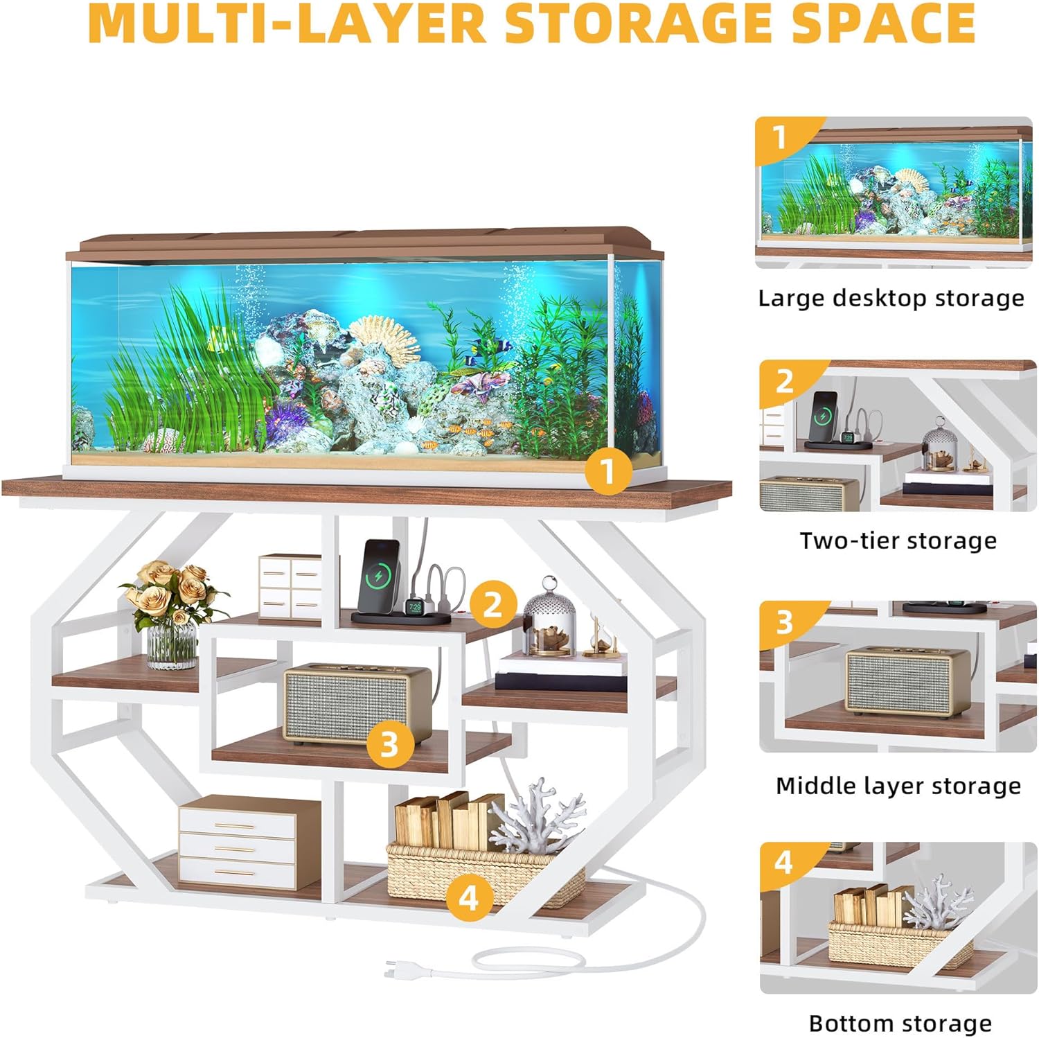 DWVO 55-75 Gallon Aquarium Stand with Power Outlet, Display Stand for Turtle Tank, Reptile Terrarium, Metal Fish Tank Stand Suitable for Living Room, Entryway, 860LBS Capacity, White & Walnut