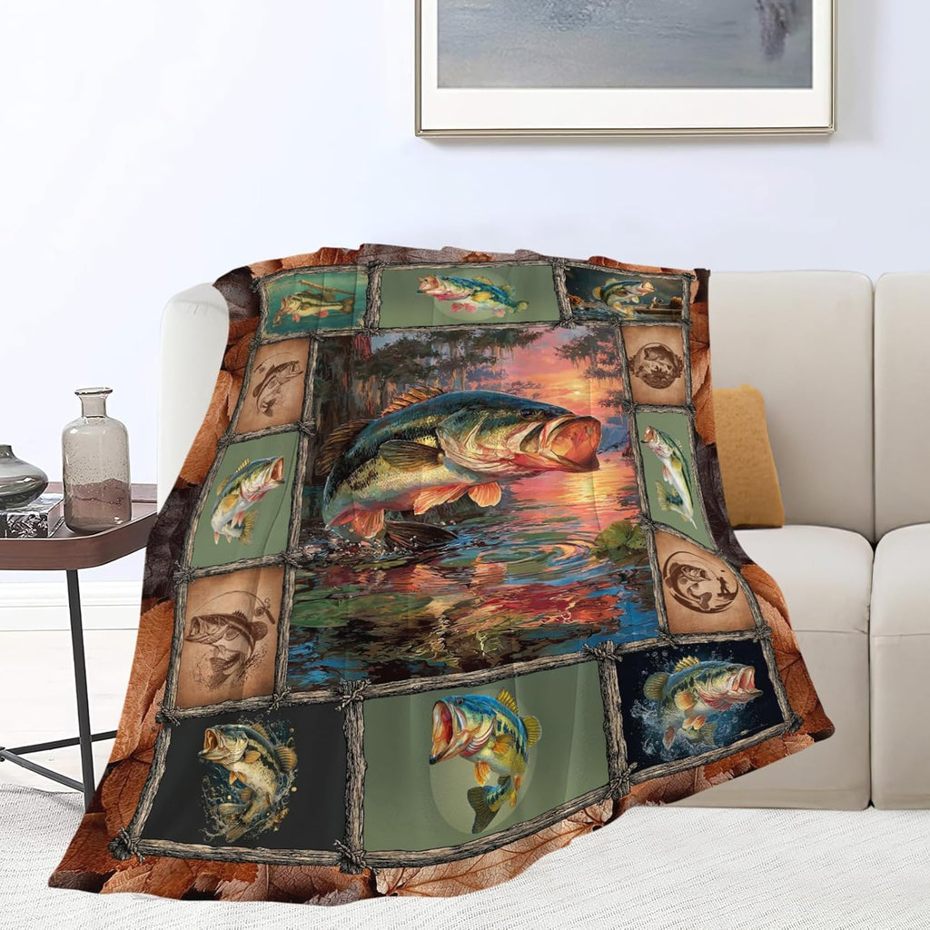 Fish Throw Blanket Fishing Stuff Gifts for Kids Girls Boys Adults Women Men Soft Cozy Warm Plush Fluffy Fuzzy Fleece Blanket Decor 40''X50''