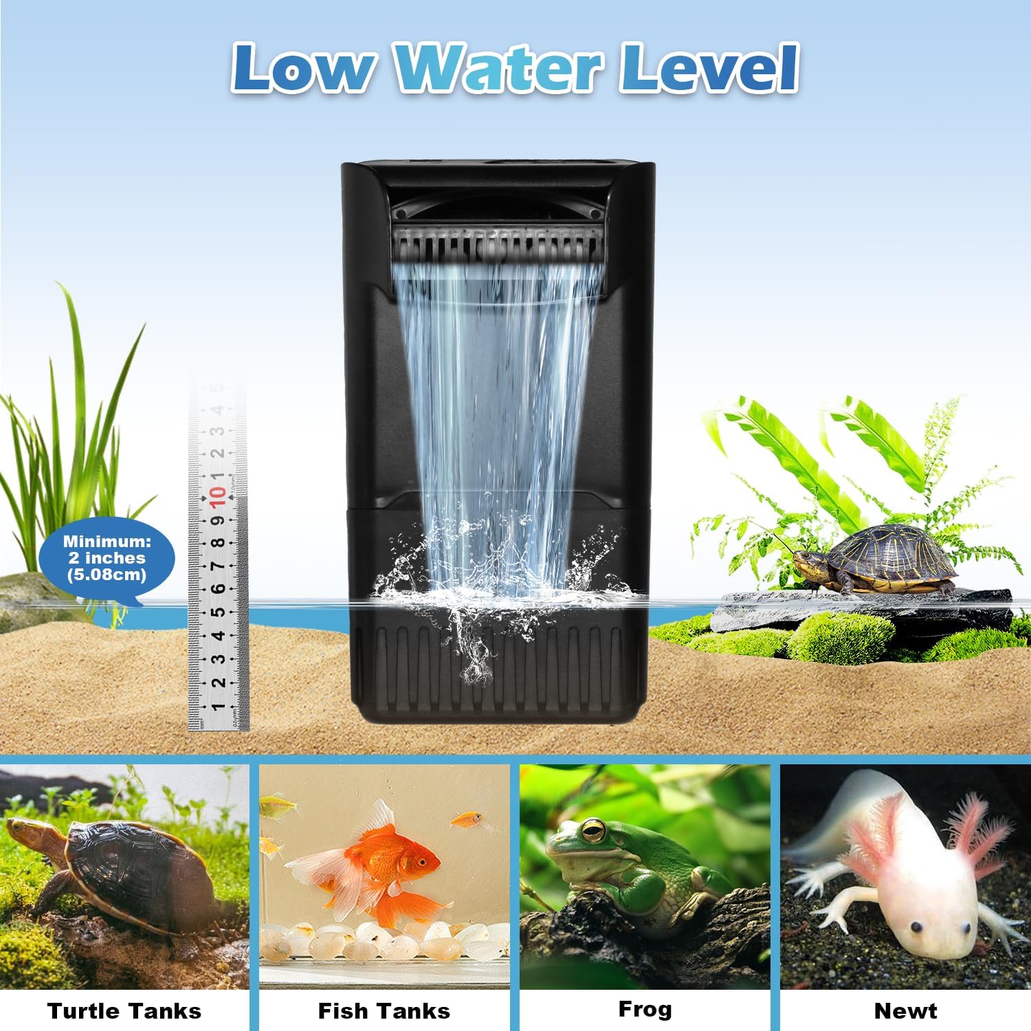222GPH 10W Turtle Tank Filter Aquarium Filter Power Adjustable 10-40 Gal. Small Internal Filter 3-Stage Waterfall Bio-Filtration Quiet Low Water Level for Freshwater Saltwater Fish Tank Easy to Clean
