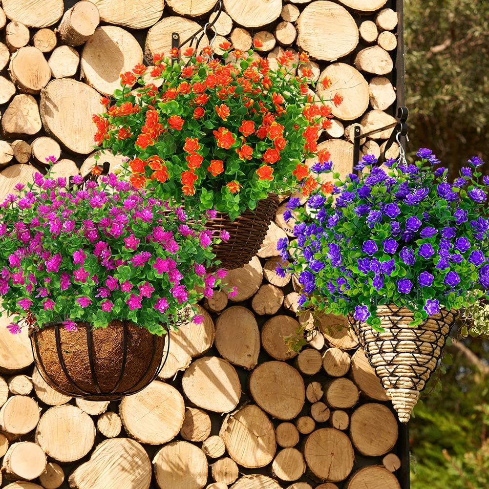 6 Bundles Outdoor Artificial Flowers UV Resistant Fake Boxwood Plants, Faux Greenery for Indoor Outside Hanging Plants Garden Porch Window Box Home Wedding Farmhouse Decor (Orange Red)