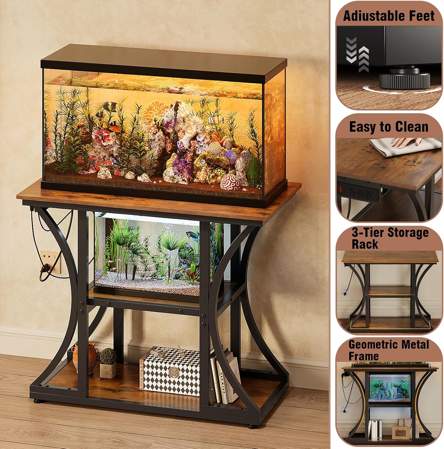 50 Gallon Aquarium Stand with Power Outlets Fish Tank Stand with 3-Tier Storage Shelves Display Stand for Turtle Tank Shelves Metal Frame Stand for Living Room Office Entryway,Brown