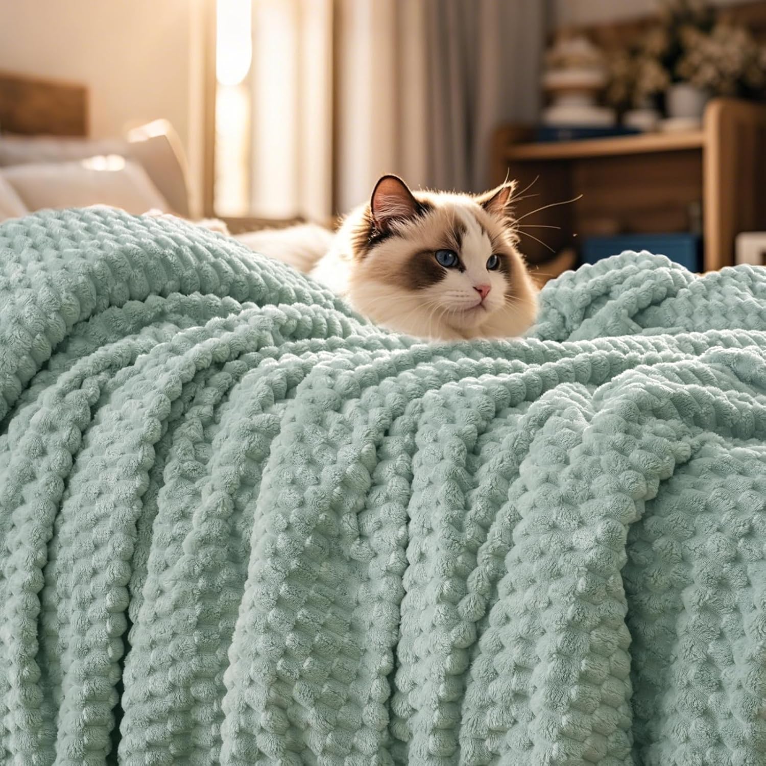 PHF Ultra Soft Flannel Fleece Blanket King Size, Lightweight 3D Jacquard Fleece Blanket, No Shedding, No Pilling, Luxury 340GSM Aesthetic Fluffy Cozy for Bed Room Decor, 108"x90", Sage Green