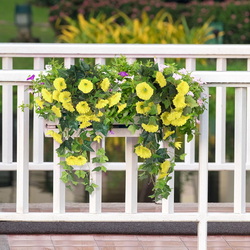 RECUTMS Artificial Fake Hanging Flowers Plants for Outdoor Decoration, 2 Pcs UV Resistant Faux Petunias Trailing Plants Realistic Flower Look Real for Door Wall Yard Porch Garden Planter (Yellow)