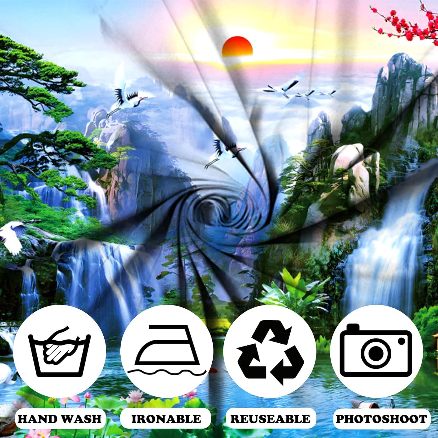 Fabric 10x6ft Zen Garden Backdrop Mountain Waterfalls Sunrise Scenery Photography Background Pine Pavilion Bridge Lotus Crane Spring Flowers Asian Landscape Wallpaper Decoration Photo Props