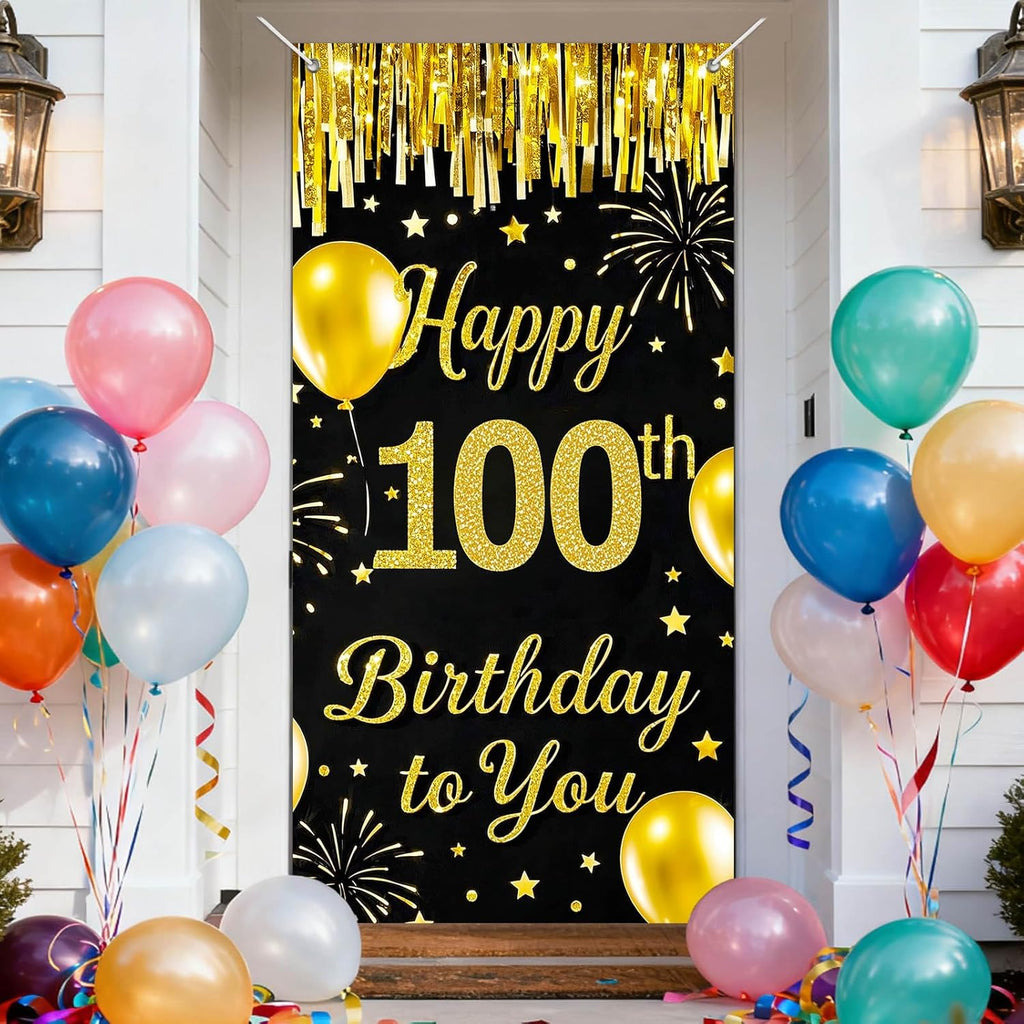 IVN 100th Birthday Door Cover 71x35 Inch Black Gold Birthday Banner for Party Decorations Balloons Stars Fireworks Backdrop Sign for Men Women Photo Booth Prop Wall Decor