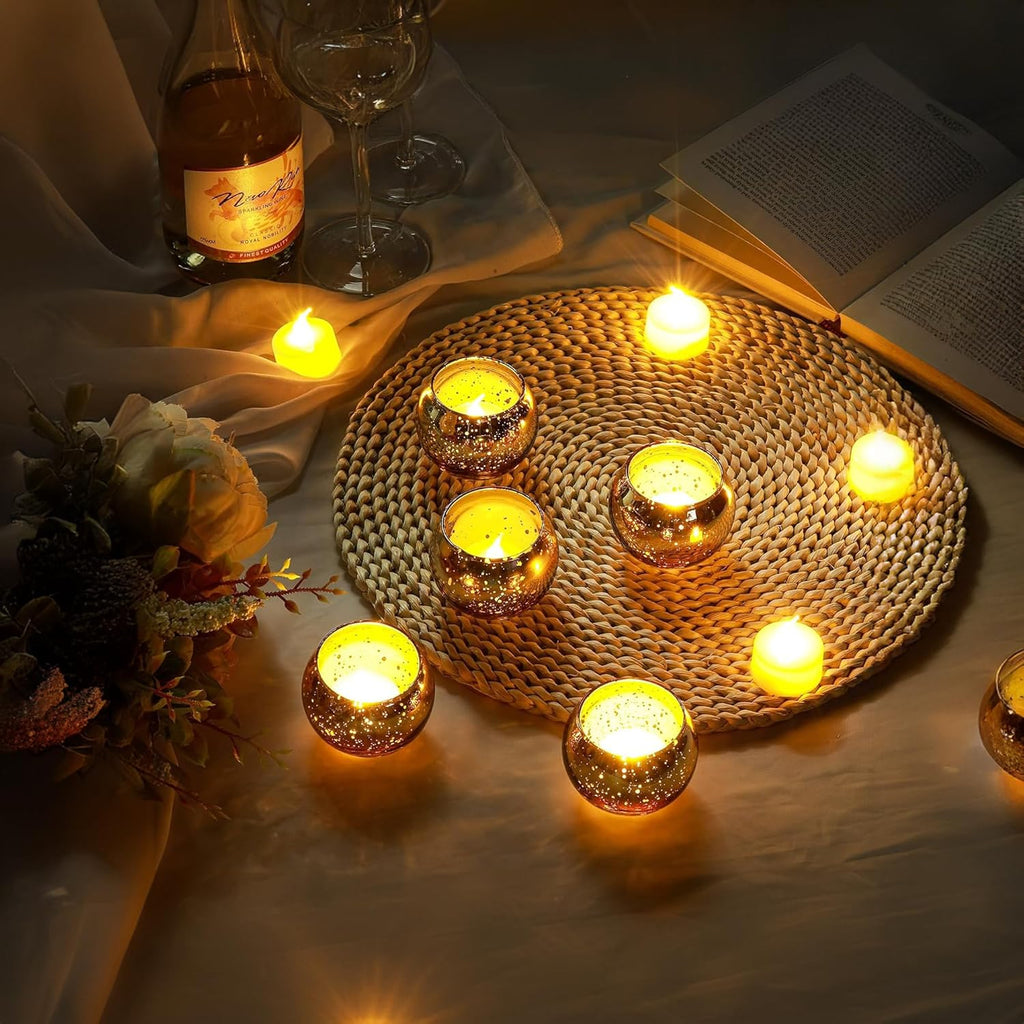 WGVI 6 Pcs Gold Speckled Glass Tea Light Votive Candle Holders, Width 3", Height 2.5", Small Globe Bubble Bowl Round Vase, Mercury Votive Tabletop Décor