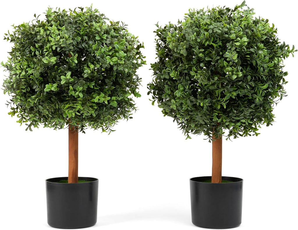 DRAY 14" Diameter Artificial Boxwood Topiary – Set of 2 Faux Plants in Black Decorative Planters – UV-Resistant, Weatherproof, Realistic Outdoor & Indoor Greenery Accent