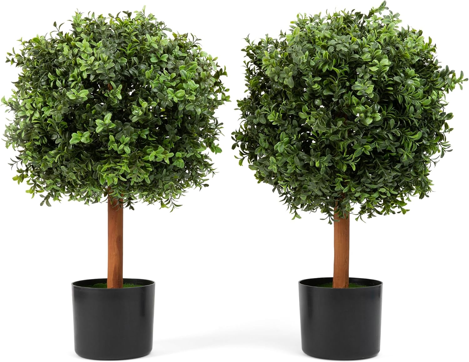 DRAY 14" Diameter Artificial Boxwood Topiary – Set of 2 Faux Plants in Black Decorative Planters – UV-Resistant, Weatherproof, Realistic Outdoor & Indoor Greenery Accent