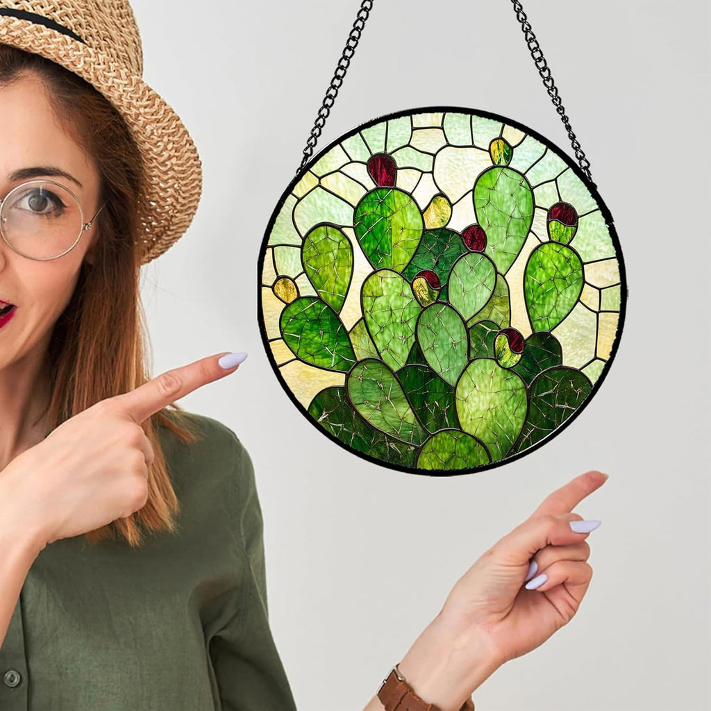 Stained Glass Window Hanging - Green Plants Cactus Suncatcher for Doors Garden Patio Sun Catchers Decor Christmas Mother's Day Birthday Gifts for Women Men Mom Nana Friend Wife 11.8 in