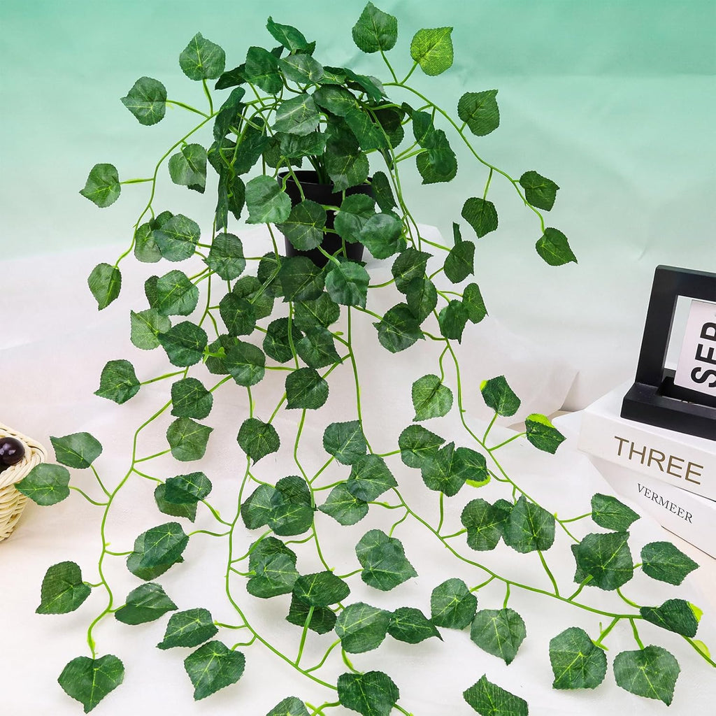Folmywy 2 Pack Artificial Hanging Plants Vines with Pot Fake Greenery Potted Plant Grape Leaves Decoration Faux Ivy Foliage for Home Indoor Outdoor Living Room Shelf Kitchen Office