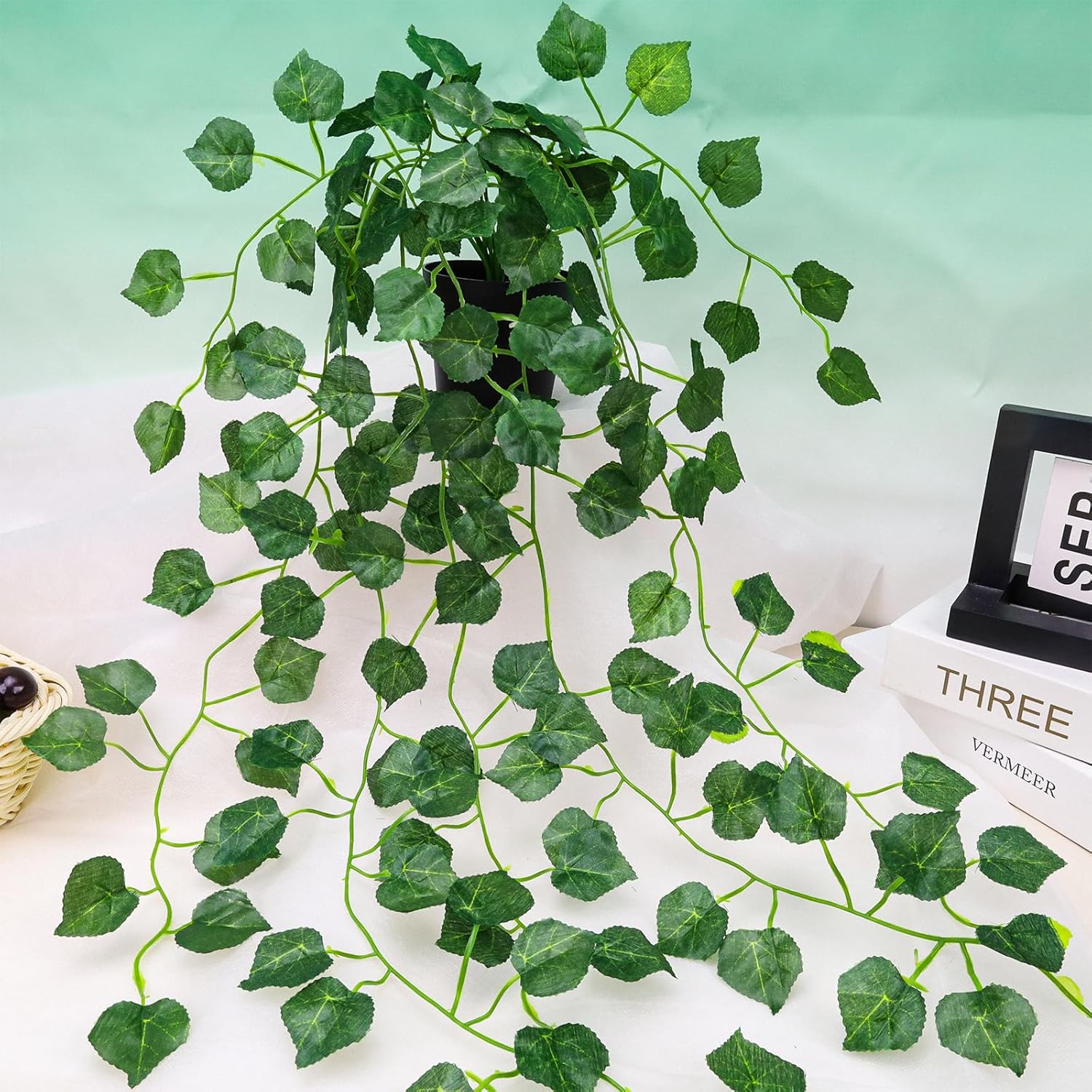 Folmywy 2 Pack Artificial Hanging Plants Vines with Pot Fake Greenery Potted Plant Grape Leaves Decoration Faux Ivy Foliage for Home Indoor Outdoor Living Room Shelf Kitchen Office