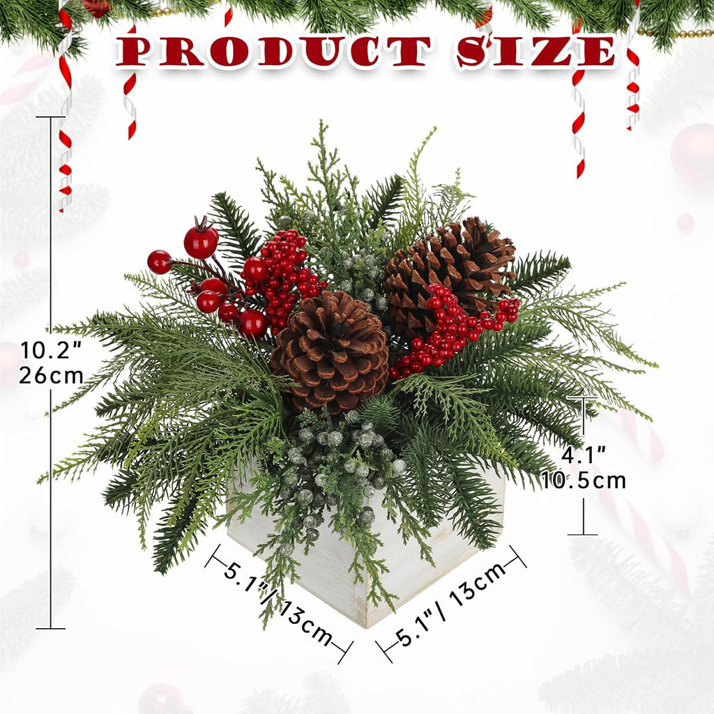 Christmas Centerpieces Table Decorations 10" Small Artificial Potted Christmas Tree Norfolk Pine Plants with Red Berry Pine Cones in Wooden Pot for Home Winter Xmas Mantel Farmhouse Indoor Decor