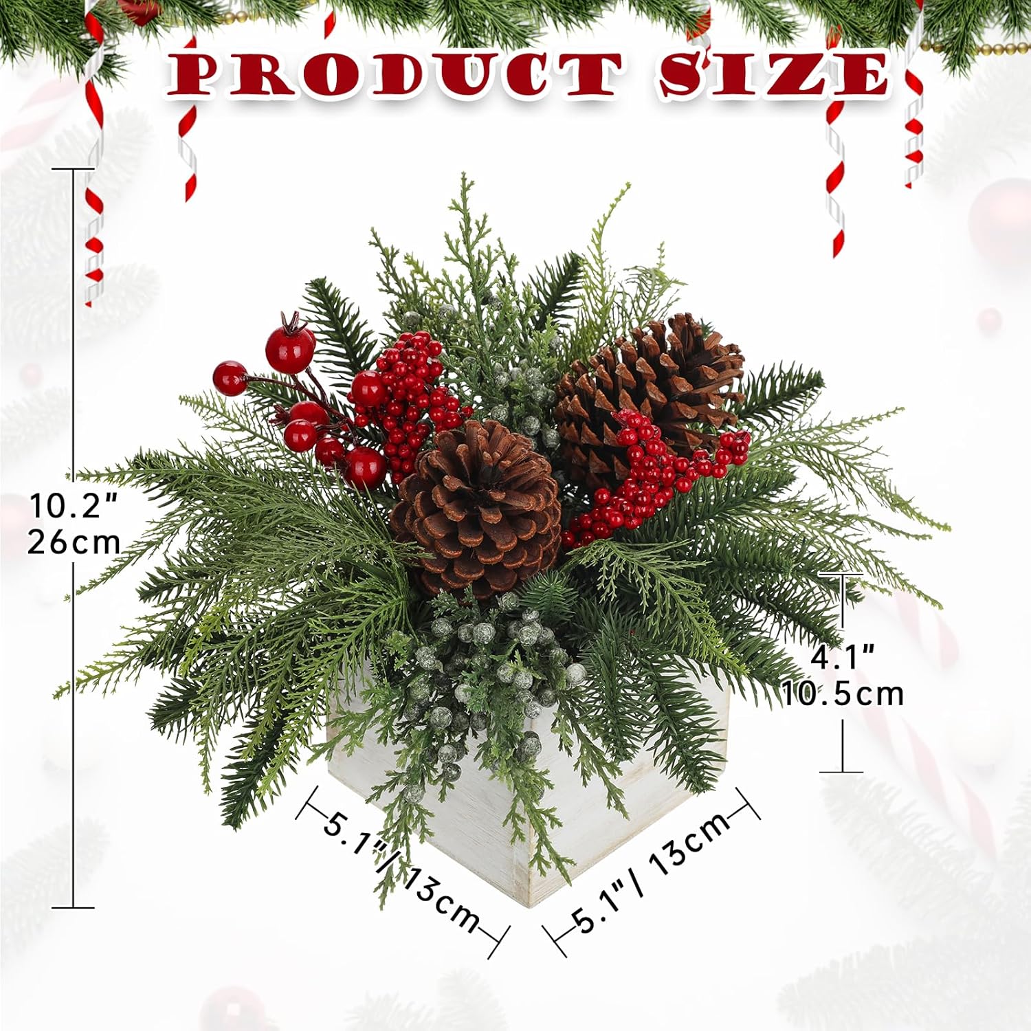 Christmas Centerpieces Table Decorations 10" Small Artificial Potted Christmas Tree Norfolk Pine Plants with Red Berry Pine Cones in Wooden Pot for Home Winter Xmas Mantel Farmhouse Indoor Decor