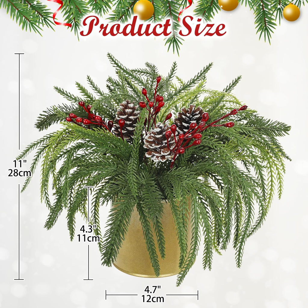 Briful Artificial Christmas Cedar Plant with Pinecones and Red Berries, 11'' Frosted Holiday Greenery in Gold Pot, Realistic Table Centerpiece for Home, Mantel, Office Christmas Décor