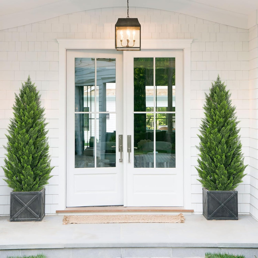 Briful 2PCS 5ft Artificial Cedar Topiary Trees in White Planter – Tall Faux Evergreen Potted Plants, Indoor Outdoor Fake Shrubs, Lifelike Fake Trees for Home, Office, Patio, Porch, Entryway