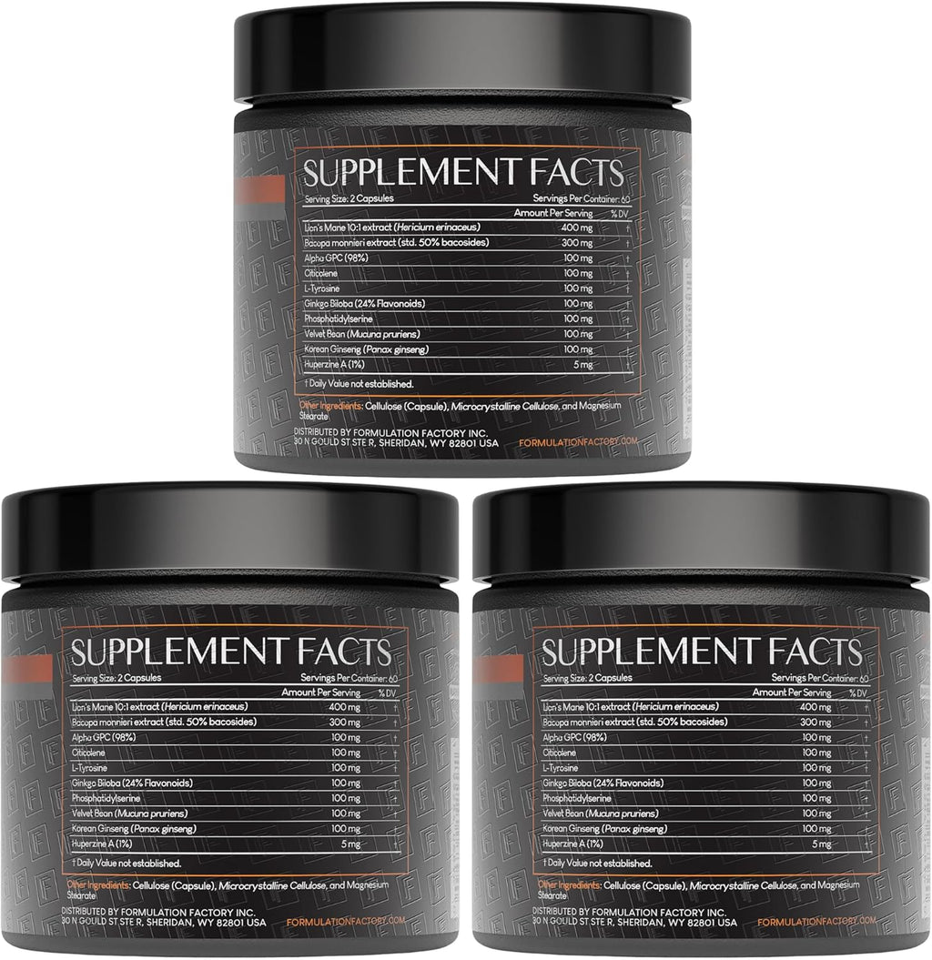 Formulation Factory Boss Mode 10-in-1 Nootropic Cognitive Enhancement Supplement, Focus & Memory Booster, Featuring Lion’s Mane, Bacopa Monnieri, Alpha-GPC, Ginseng & More 360 Capsules (3 Pack)
