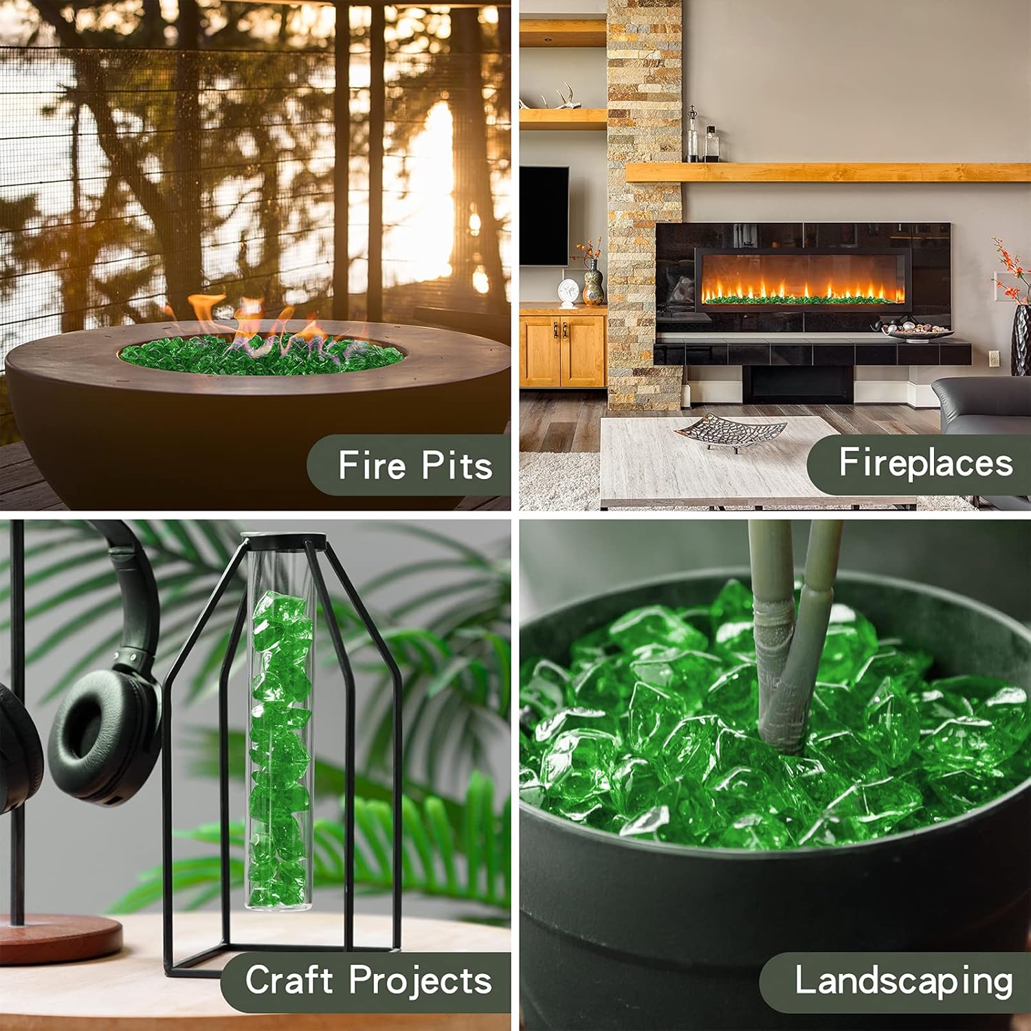 Onlyfire 1/2-Inch Polygon Fire Glass, 10 Pound Pack Glass Rock for Fireplace Fire Pit & Lanscaping, High Luster Green