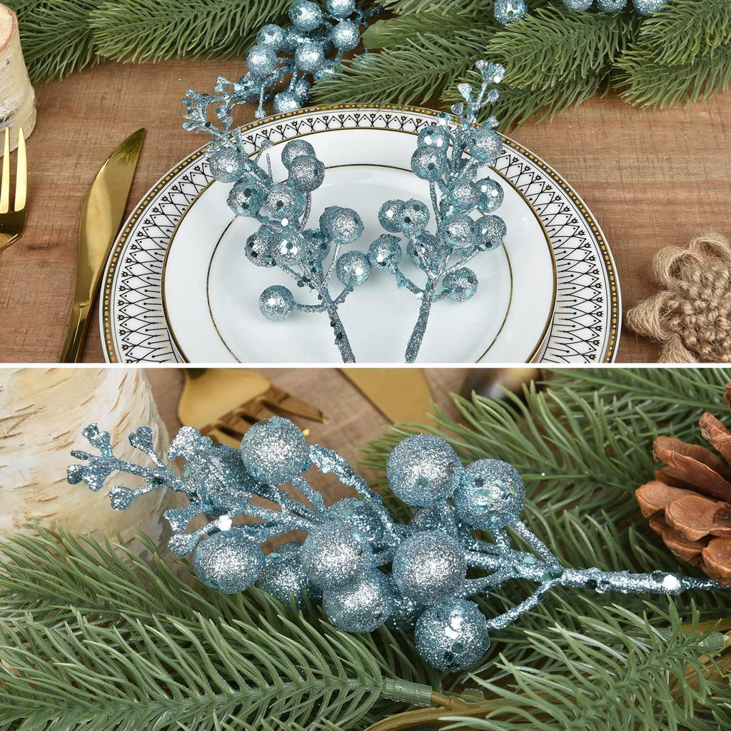Red Berries, 14 Pack Artificial Berry Stems for Christmas Tree Decorations, Crafts, Holiday and Home Decor, 7.9 Inches (Light Blue)